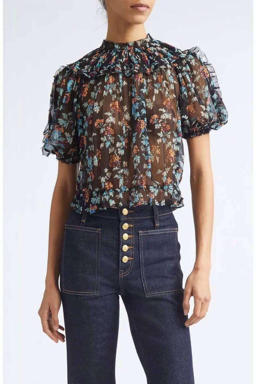NEW ULLA JOHNSON solenne puff sleeve silk top in nightshade